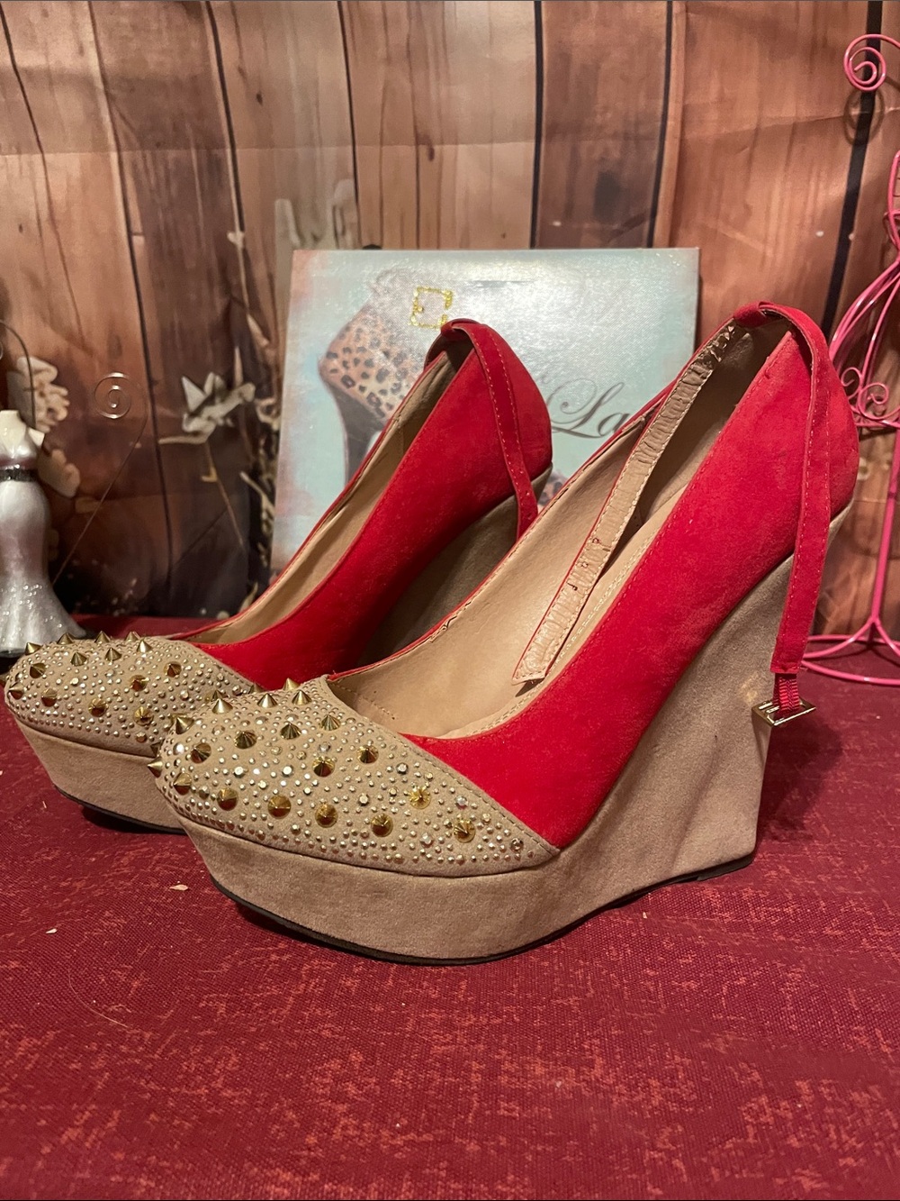 Liliana Red and Beige Studded Suede Wedge Heels